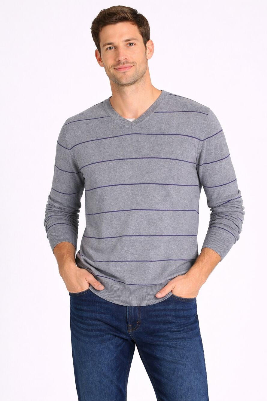 Old Navy Men's V-Neck Sweater Long Sleeve Cotton Striped Gray Size Large